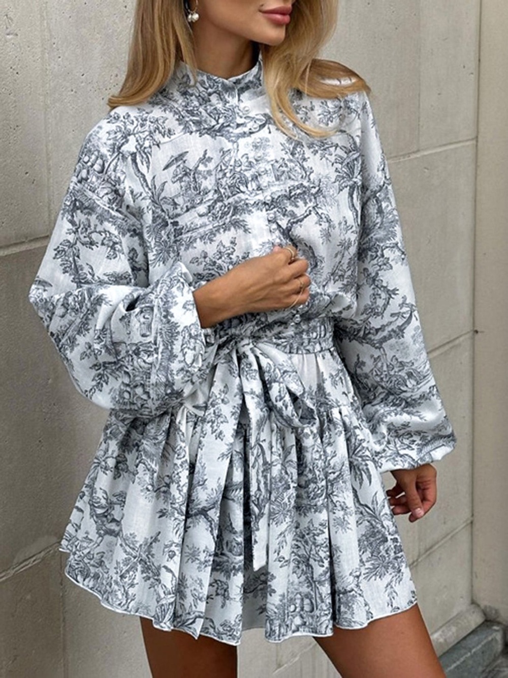Commense Ink Painting Print Tie Up A-Line Short Dress - Size M